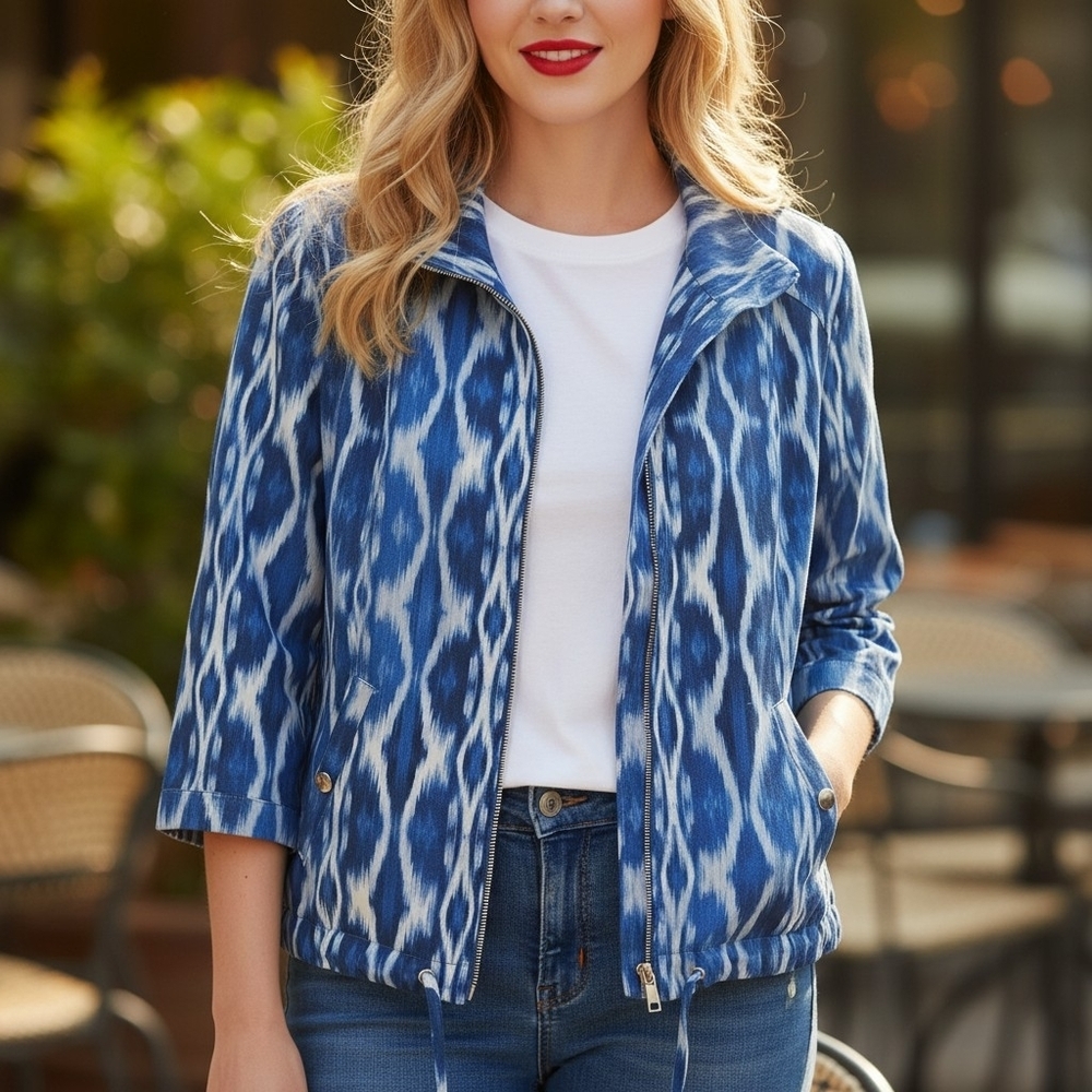 CLEARANCE Chico's Zenergy Neema Blue Ikat Print Zip-Front Bomber Jacket